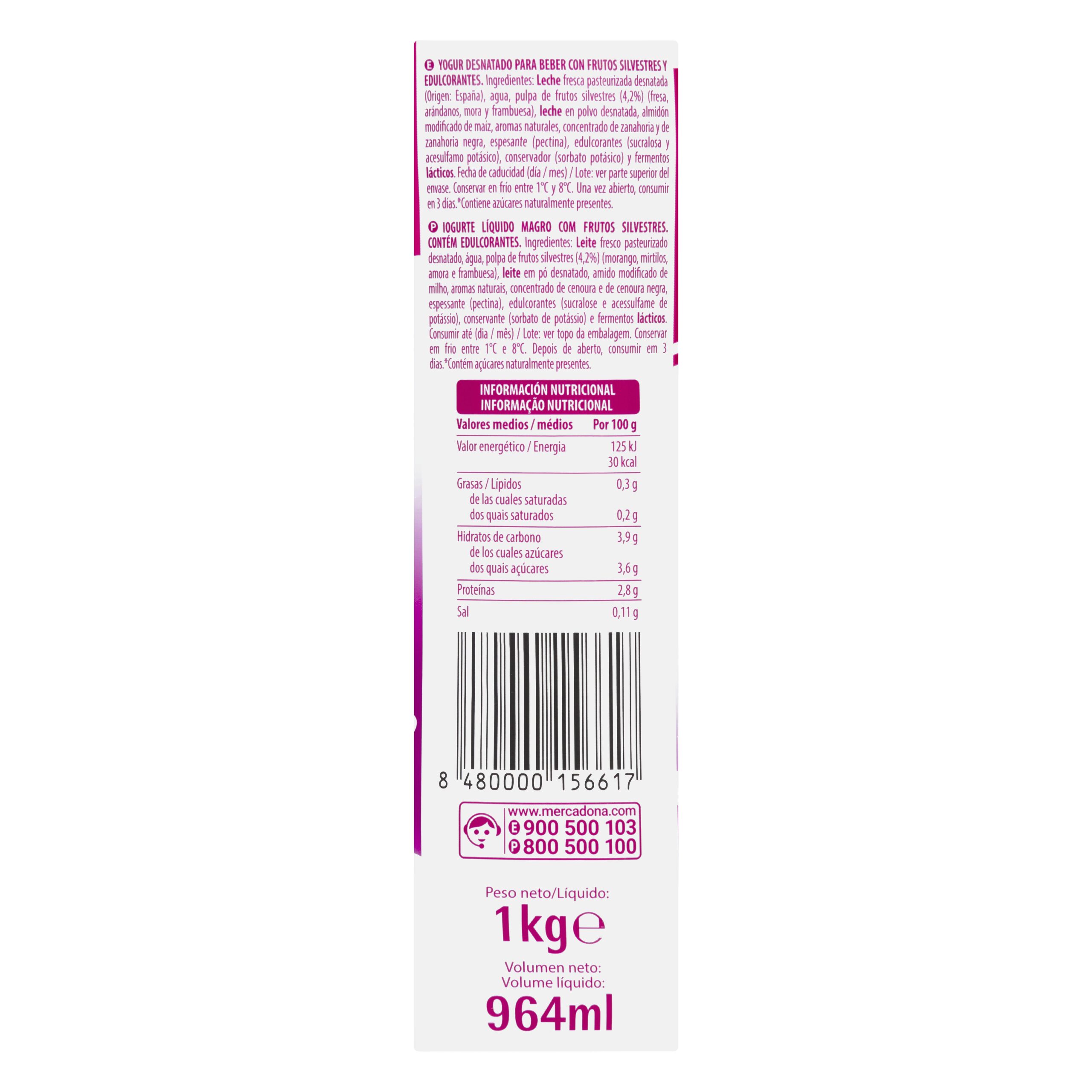 Etiqueta Yogur líquido desnatado Frutos Silvestres Hacendado 0% m.g 0% sin azúcares añadidos